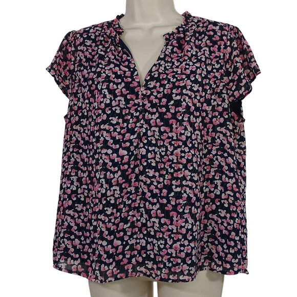 J Crew Floral Print Cap Sleeve Blouse Women Size M Blue Pink Lightweight BA741 - Picture 1 of 9